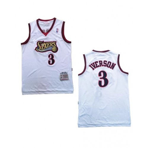 Camiseta de la NBA para hombre, de Mitchell & Ness, con el número 3 de Iverson de los Philadelphia 76ers, color blanco, 1997/98, Swingman