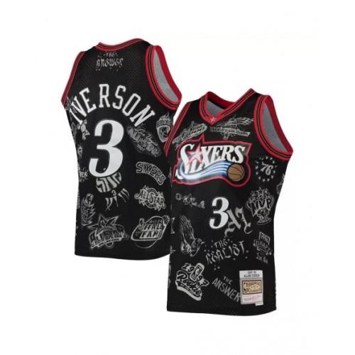 Camiseta de hombre de los Philadelphia 76ers Allen Iverson #3 M&N negra 1997-98 Hardwood Classics con tatuajes Swingman