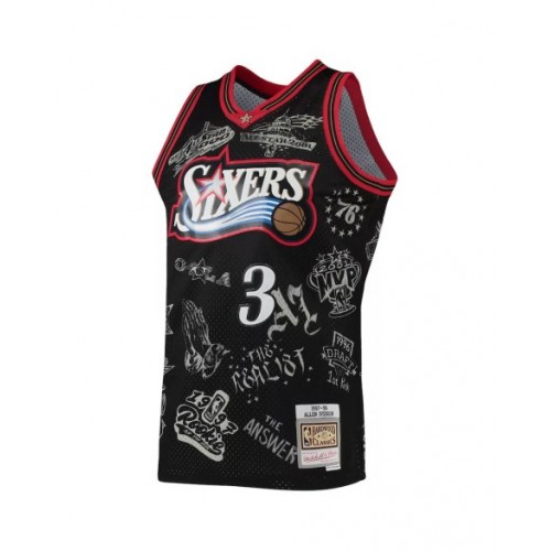 Camiseta de hombre de los Philadelphia 76ers Allen Iverson #3 M&N negra 1997-98 Hardwood Classics con tatuajes Swingman