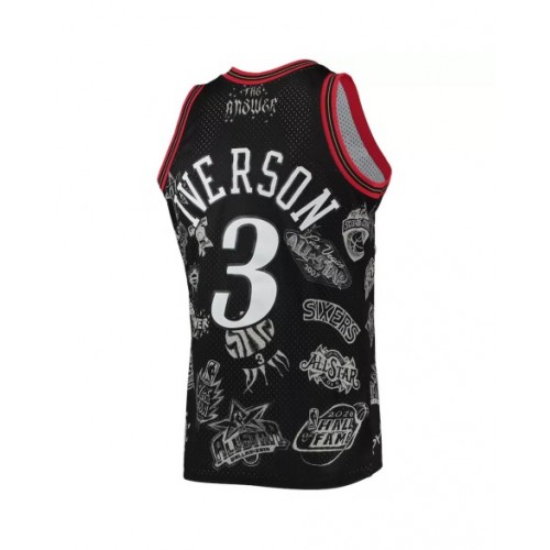 Camiseta de hombre de los Philadelphia 76ers Allen Iverson #3 M&N negra 1997-98 Hardwood Classics con tatuajes Swingman