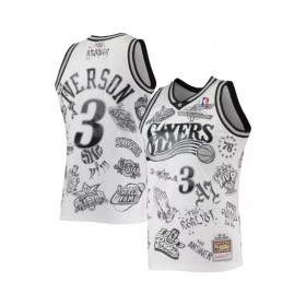 Camiseta de hombre de los Philadelphia 76ers Allen Iverson #3 M&N en color blanco 1997-98 Hardwood Classics con tatuajes Swingman