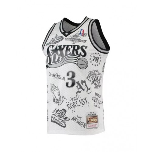 Camiseta de hombre de los Philadelphia 76ers Allen Iverson #3 M&N en color blanco 1997-98 Hardwood Classics con tatuajes Swingman