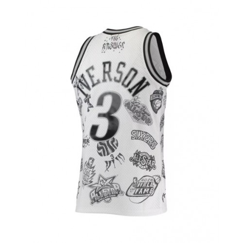 Camiseta de hombre de los Philadelphia 76ers Allen Iverson #3 M&N en color blanco 1997-98 Hardwood Classics con tatuajes Swingman